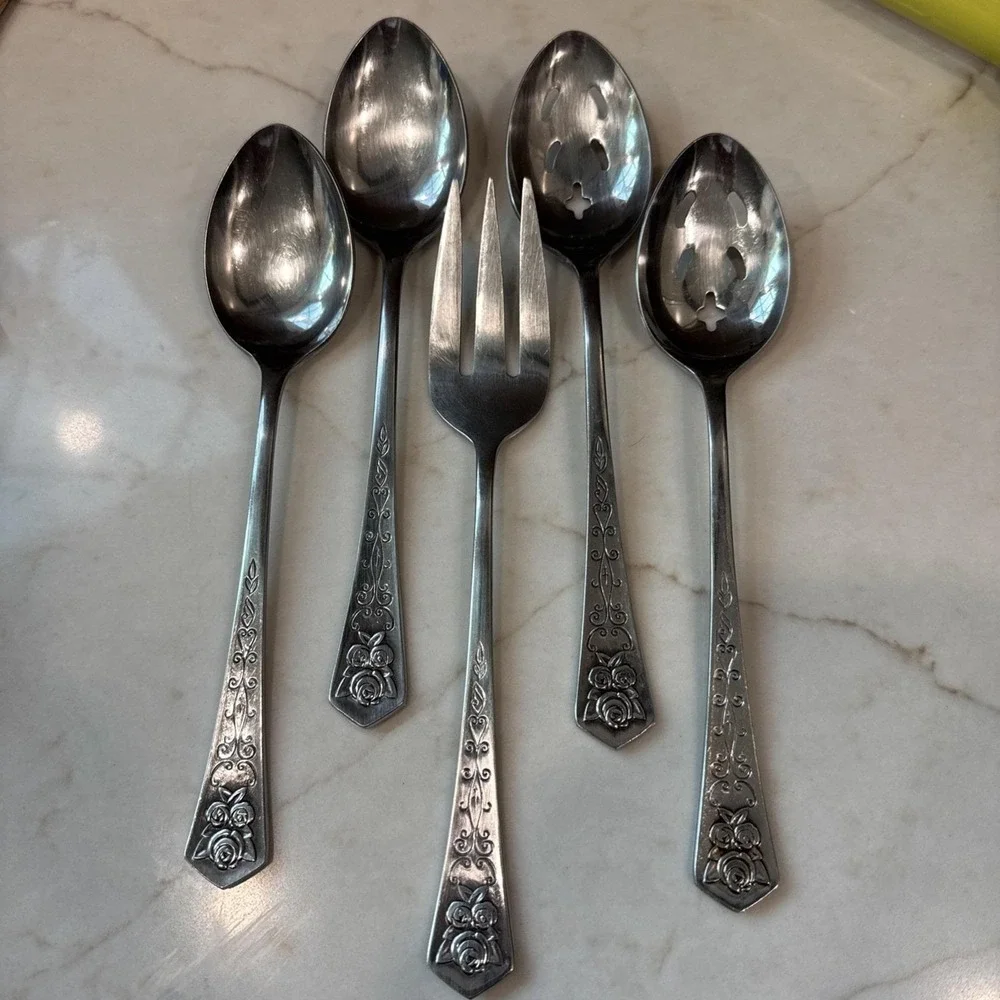 Vtg Oxford Hall Queens Tapestry ROSES Stainless Serving Slotted Spoon Fork